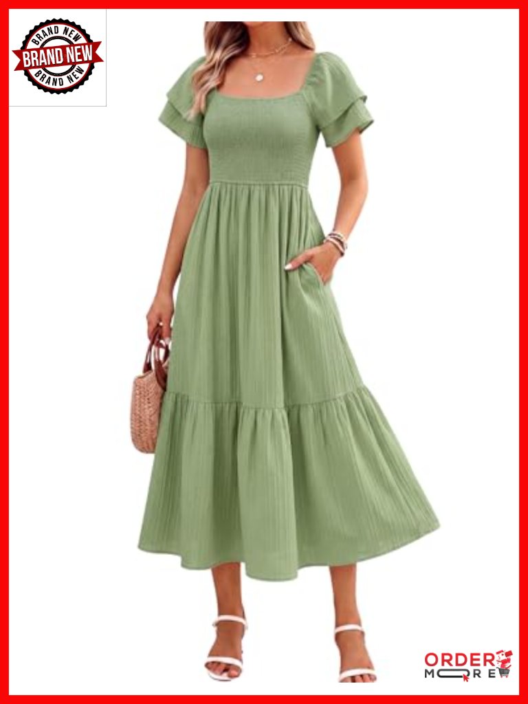 Women's Square Neck Midi Dress With Pockets Ruffle Sleeve Elastic Waist